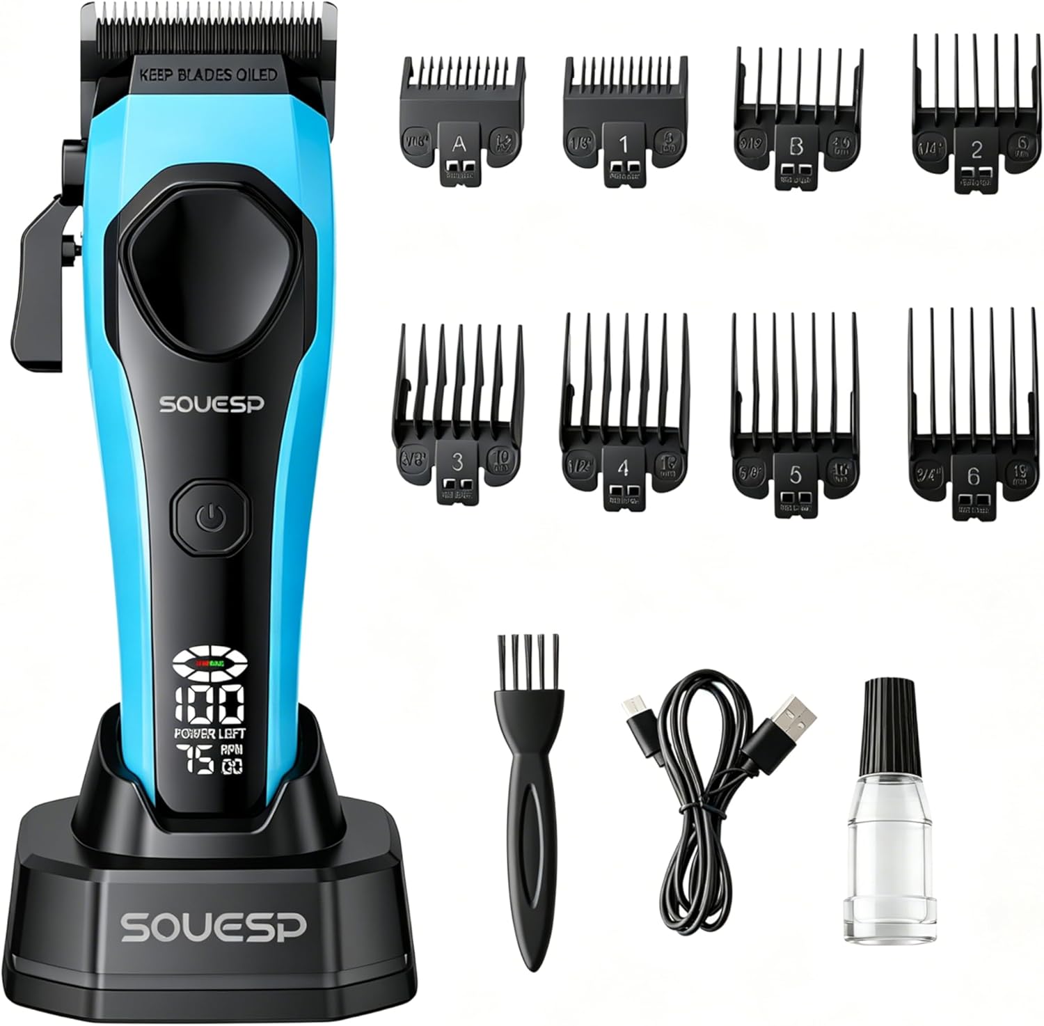 Men's Cordless Electric Clipper Blue with Charging Base and 8 Limit Combs, USB Charging, Professional Hair Cutting and Home Use
