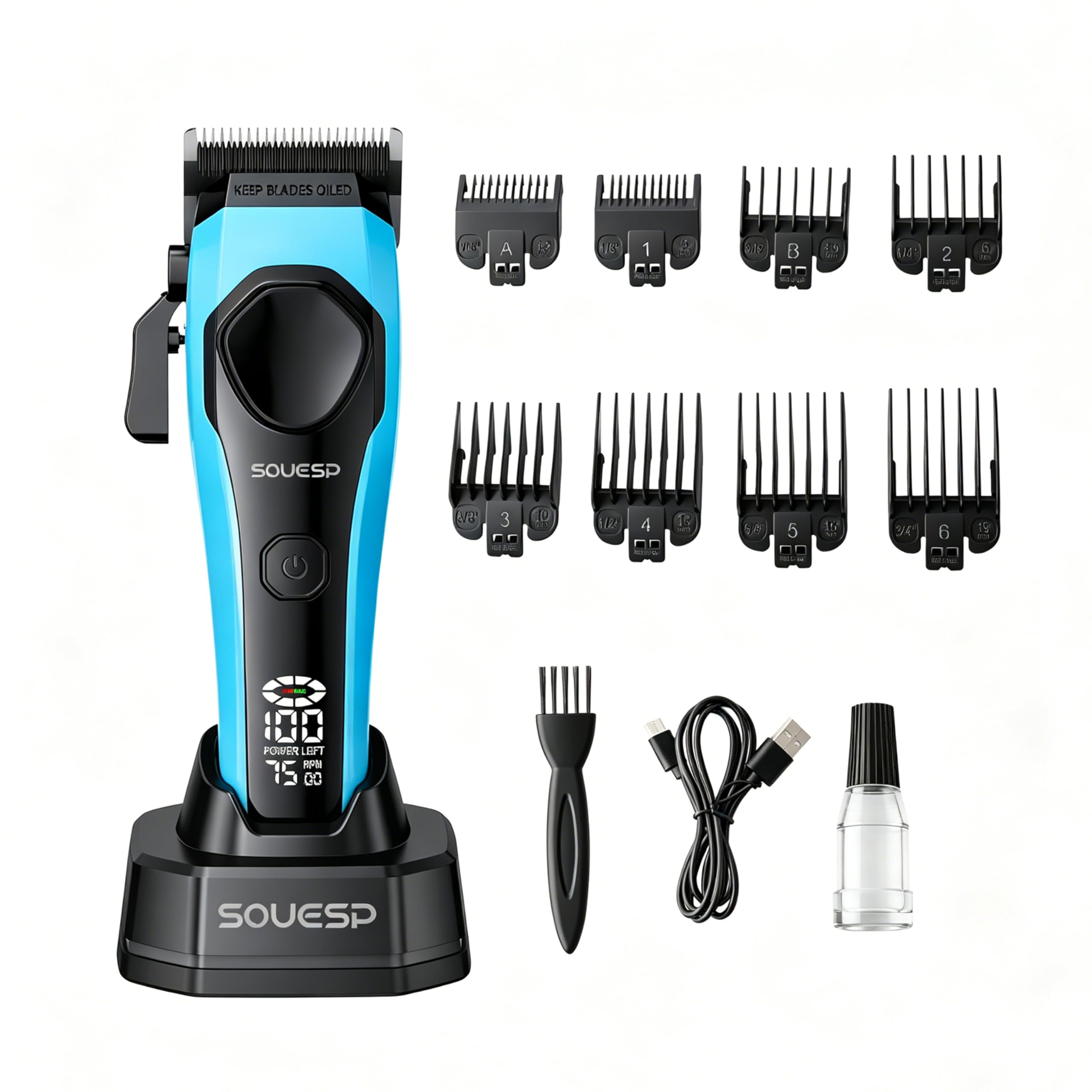 Cortapelos eléctrico profesional con 8 peines límite y base de carga USB color azul 7