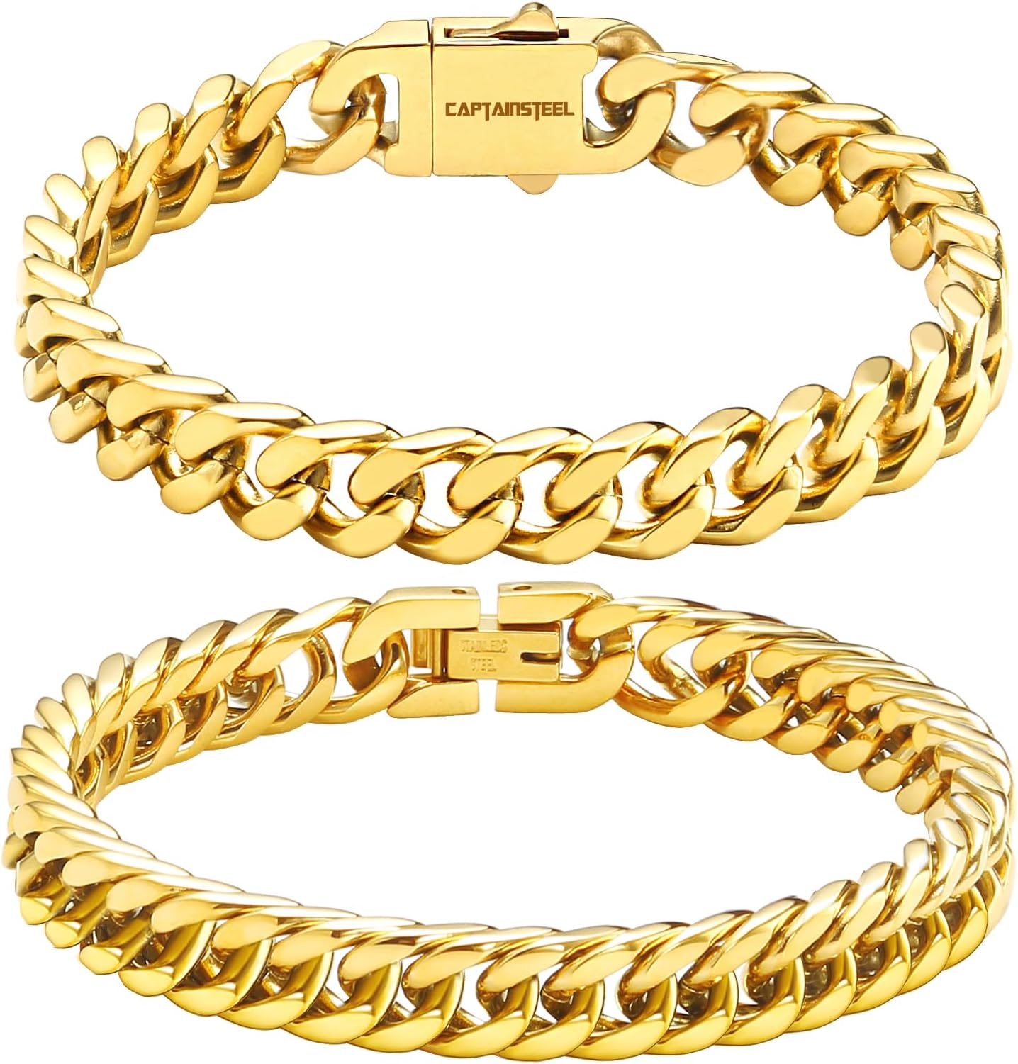 CaptainSteeL2Pcs Cuban Link Chain Bracelet Set-Stainless SteeL Bracelet,Gold Plating/High Poshing Bracelet for Men Women Boyfiend Lover๏ผFashion Jewelry Bracelet with Gift Box,7.5/8.3/9 Inches