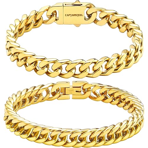 CaptainSteeL 2Pcs Cuban Link Chain Bracelet Set - Stainless Steel Bracelet, Gold Plating, Fashion Jewelry for Men, Women, Boyfriend, Lover, 7.5/8.3/9 Inches