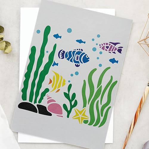 Miniatura 5 de INFUNLY Plantillas de playa de verano para pintar sobre madera de 11.8 pulgadas, plantillas de océano reutilizables, delfín, algas marinas,