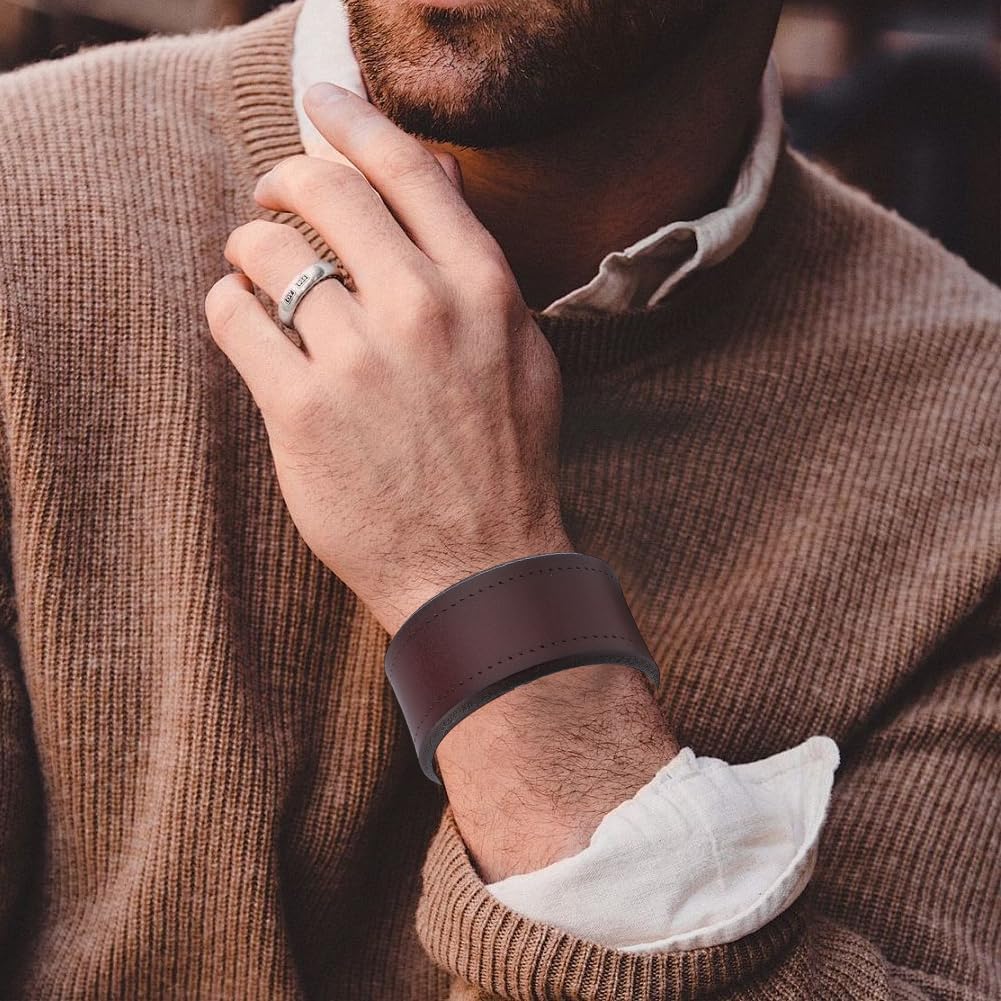 Wide Cowhide Adjustable Wrap Wristband Genuine Leather Cuff Bracelet Retro Dark Brown Leather Handmade Blank Cuff Bangle Arm Armor with Snap for Men Women Halloween Costume Party
