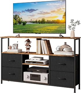 Taotigzu - Mueble de TV Estrecho de 120 cm de largo, Mesa de TV Muebles con Estantes Ajustables, Mueble de Salón con Cajones de Tela, Marco de Metal, Color Marrón Rústico y Negro