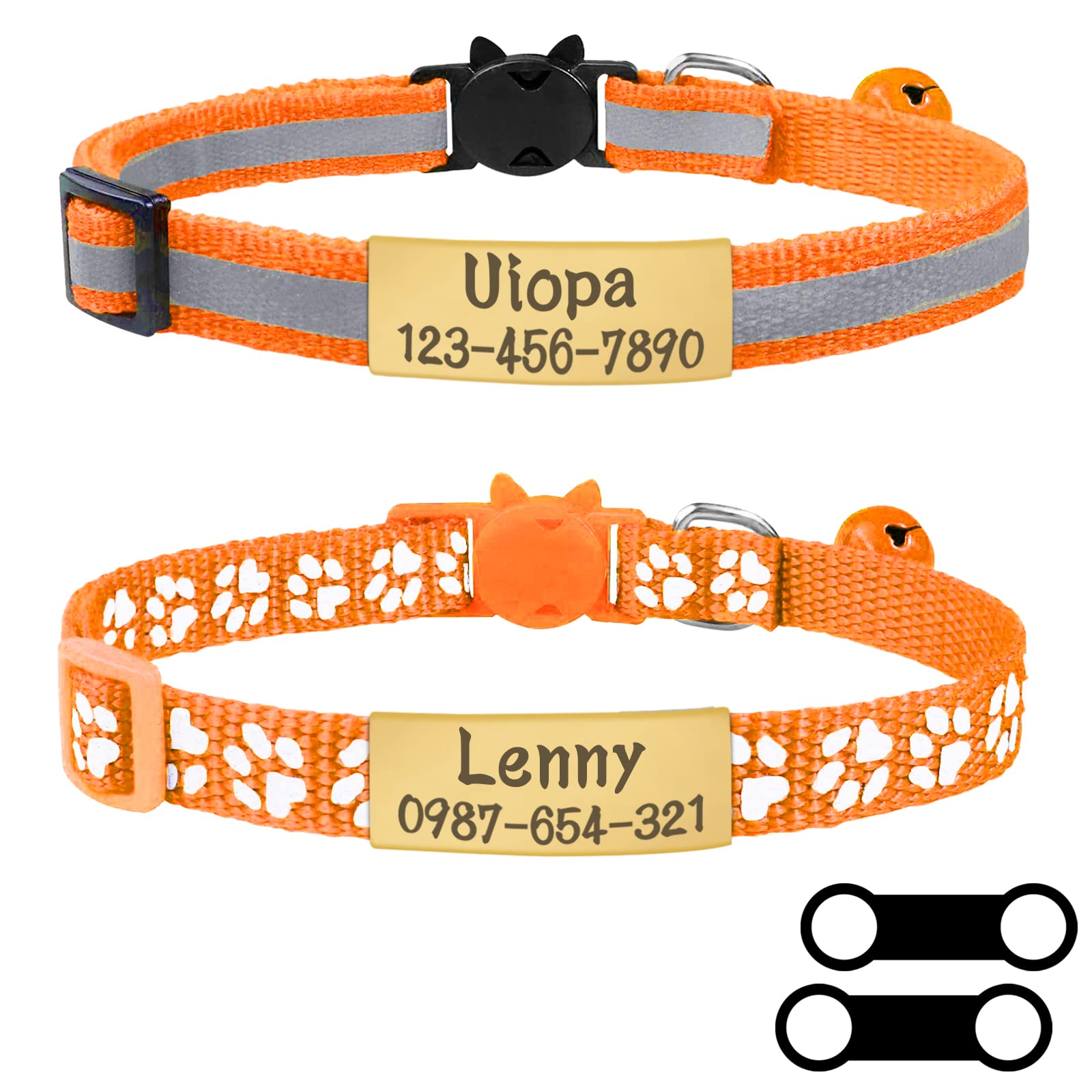 Uiopa 2pzs Collar Gato Antiahogo + 2pzs Chapa Perro Grabada, Ajustable Collar Perro Pequeño Collares para Gatos Personalizado con Cascabeles y Hebilla Seguro de Liberación Rápida (Naranja)