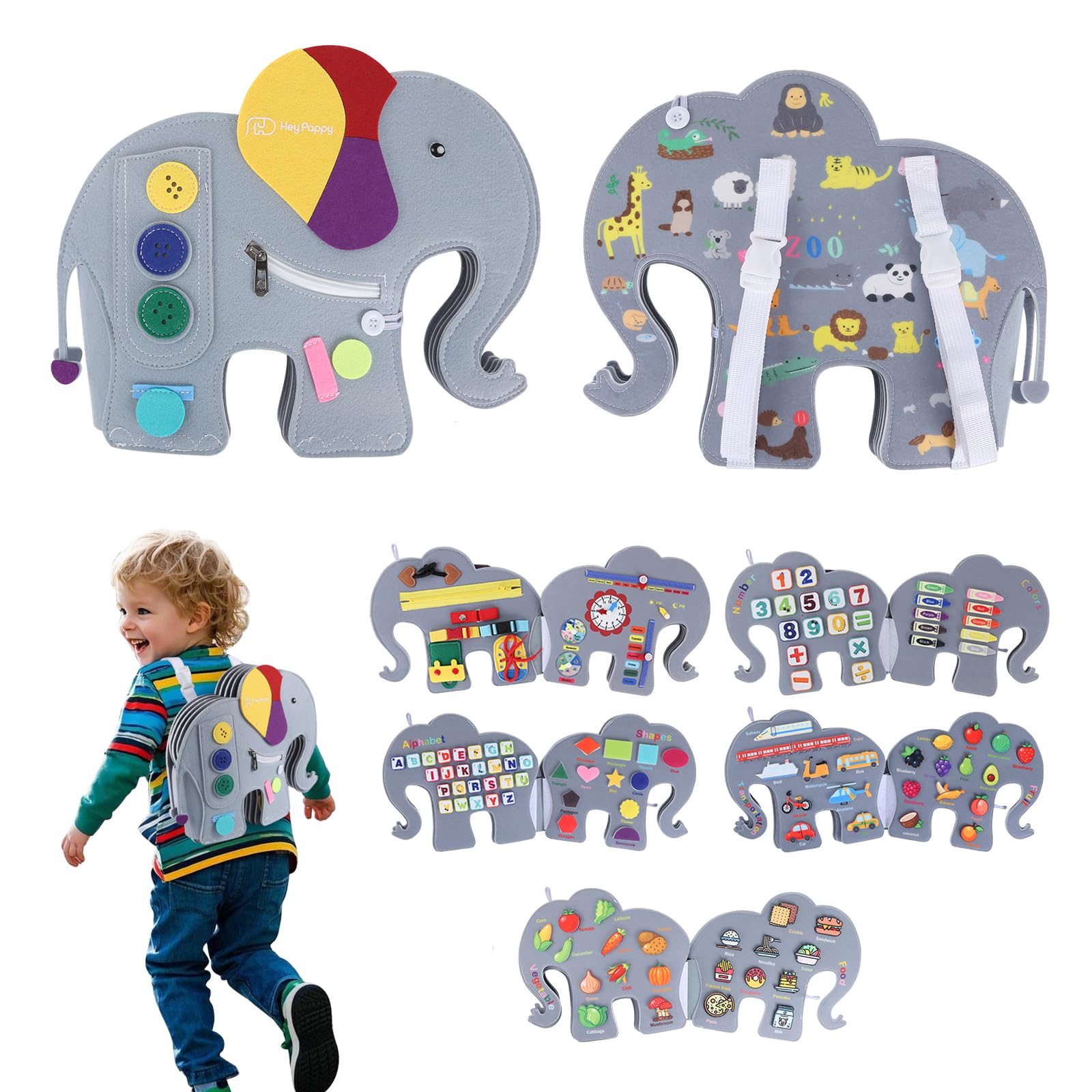 Heypappy Busy Board,12 in 1 Montessori Busy Board Feltro,Montessori Didattici Libro Sensoriale Educativo, Giocattolo per Abilità Motorie con Cintura Zaino Regalo Bambino Compleanno Natale