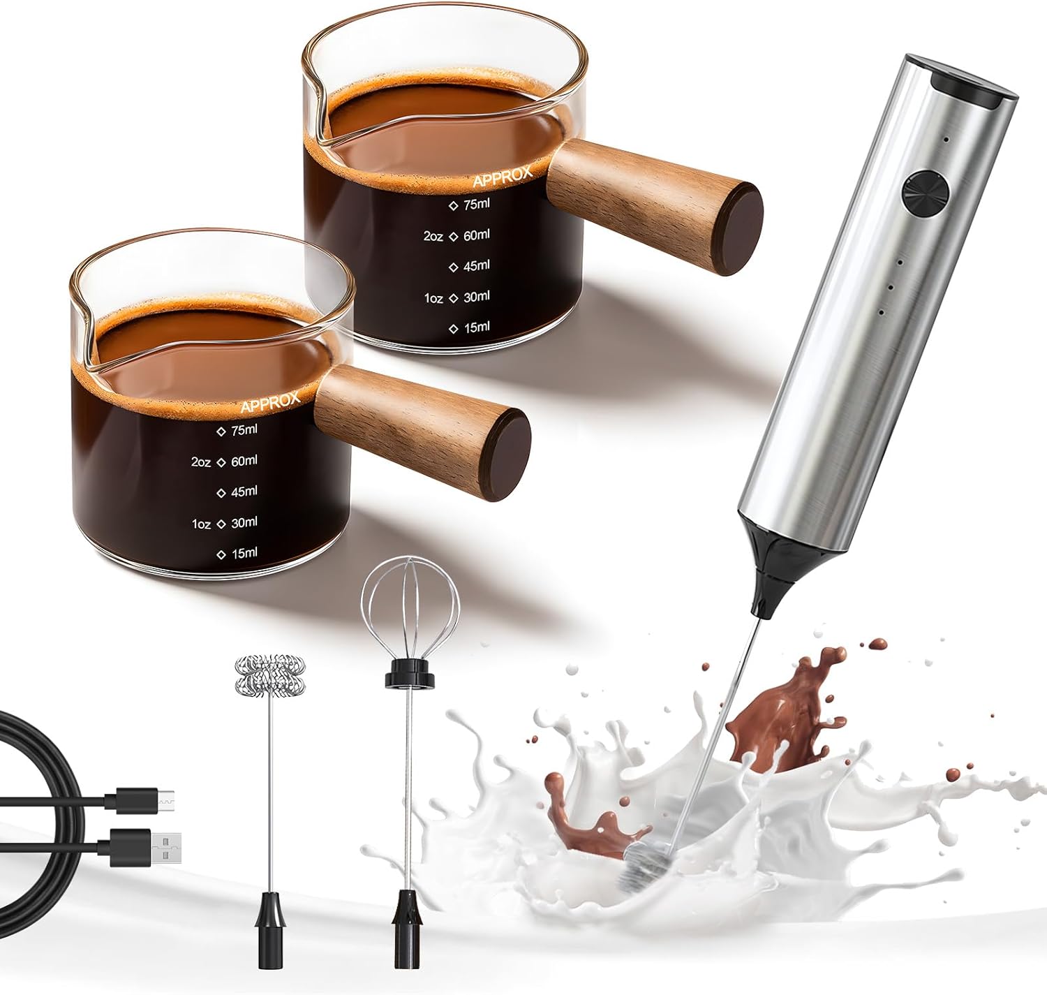 YARRAMATE Silver Powerful Milk Frother Wand & 100ML Glass Measuring Cups