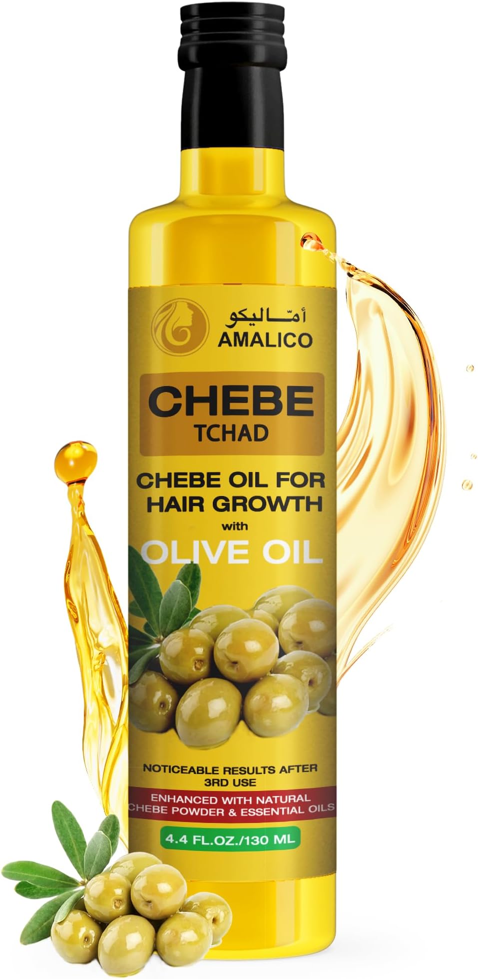AMALICOOlive Oil for Hair Growh with Chebe Powder - Organic Hair Oil for Deep Moisturizing - Hair Oil for Nourishment of Scalp and Dry Damaged Hair - 130 ML