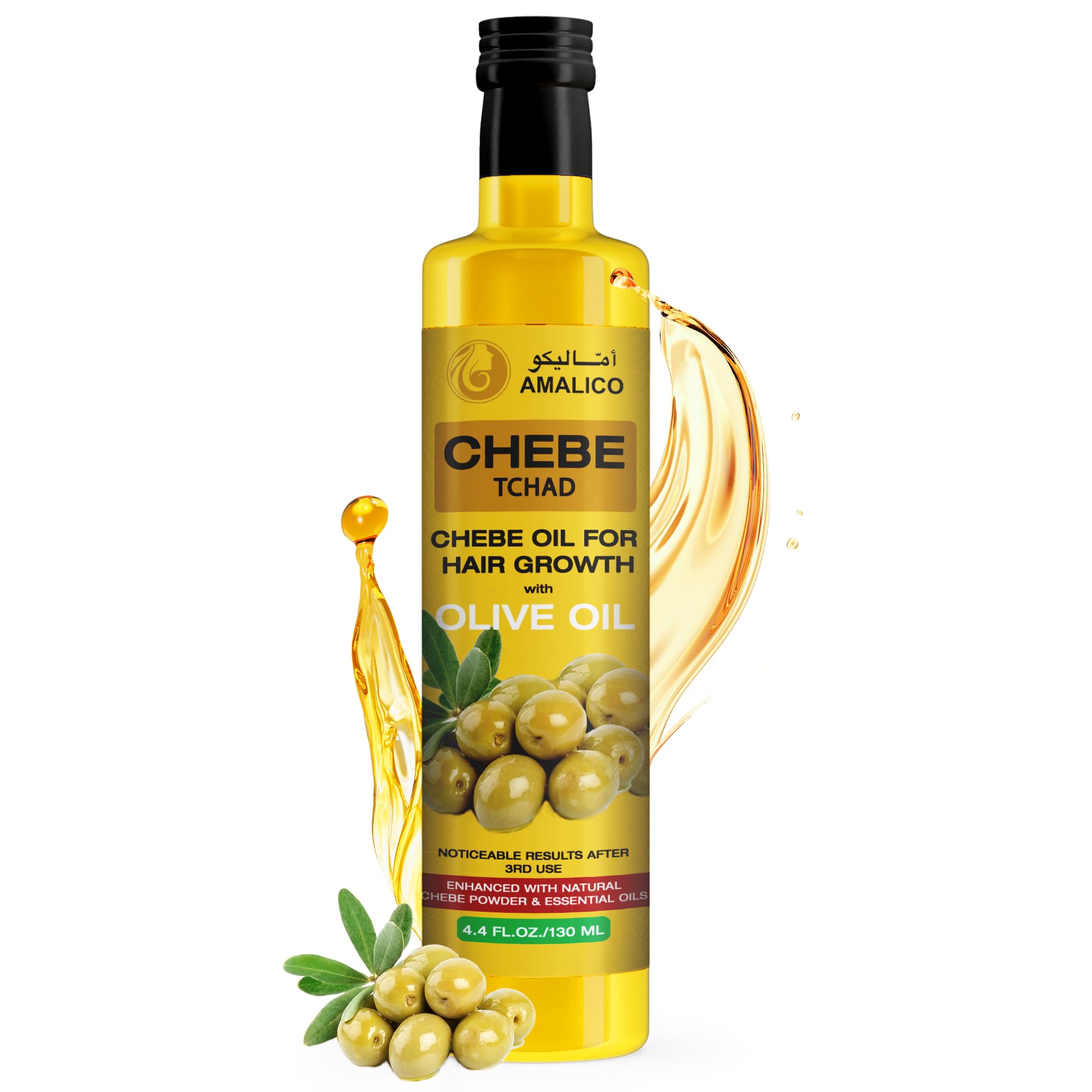 AMALICOOlive Oil for Hair Growh with Chebe Powder - Organic Hair Oil for Deep Moisturizing - Hair Oil for Nourishment of Scalp and Dry Damaged Hair - 130 ML