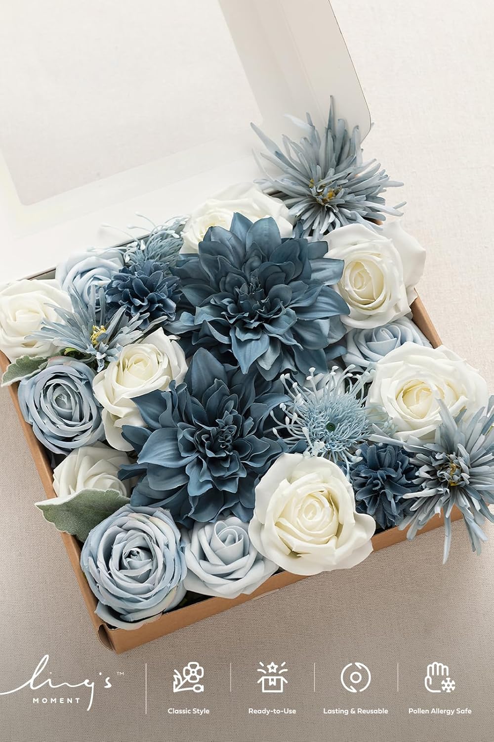 Ling's moment Fake Flowers Box, Faux Artificial Greenery Stems Foam Roses Silk Dahlia Fabic Flower for Centerpieces Bouquet Wedding Vase Floral Arrangement Decorations, Dusty Blue & Navy, Grand Combo