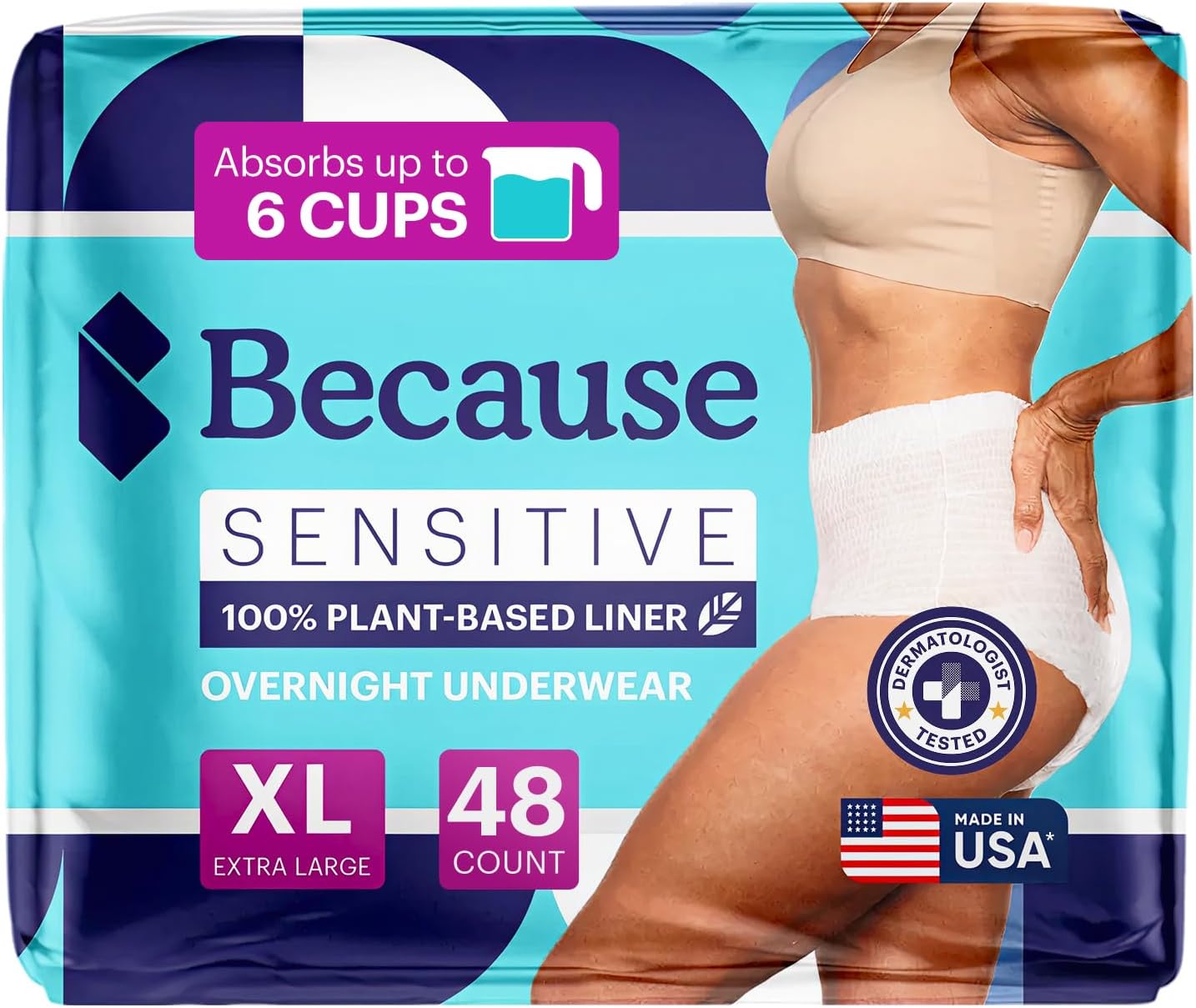 Because Adult Incontinence Underwear for Sensitive Skin - Women - Premium Overnight Disposable Briefs, Anti Odor - White, X-Large - Absorbs 6 Cups - 48 Count (4 Packs of 12) X-Large (48 Count)