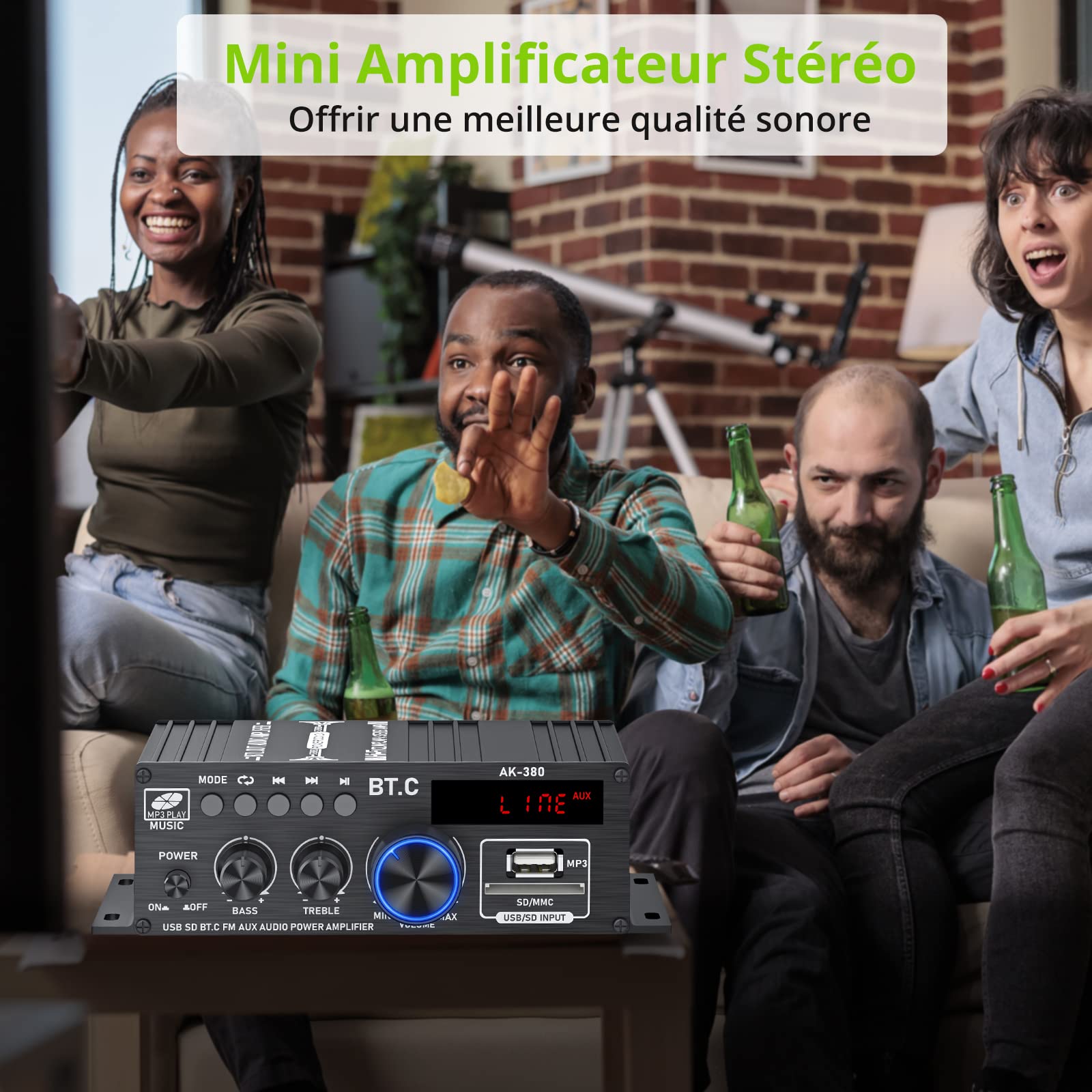 LiNKFOR Amplificateur de Puissance Audio Stéréo Récepteur Bluetooth 5.0 Amplificateur Audio sans Fil 40Wx40W avec LED Support USB SD RCA AUX BT Entrée avec Alimentation pour Téléphone MP3 AV