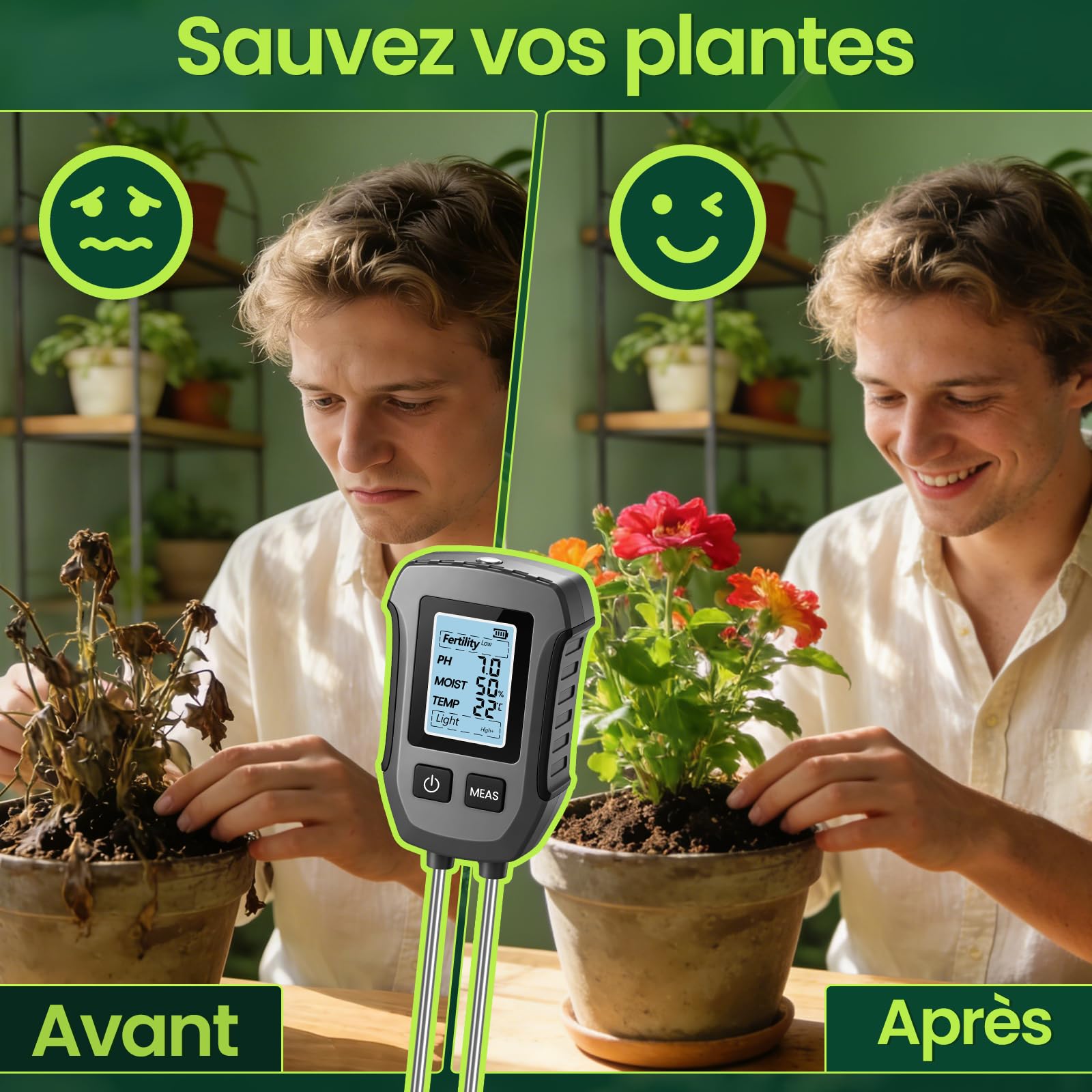 FORMIZON Testeur Humidité Plante 5 en 1, Atesteur pH Sol pour Le pH/la Fertilité/l'Humidité du Sol/la TempéRature/L'Ensoleillement, avec Écran LCD Éclairé Humidimètre pour Jardin et Pelouse