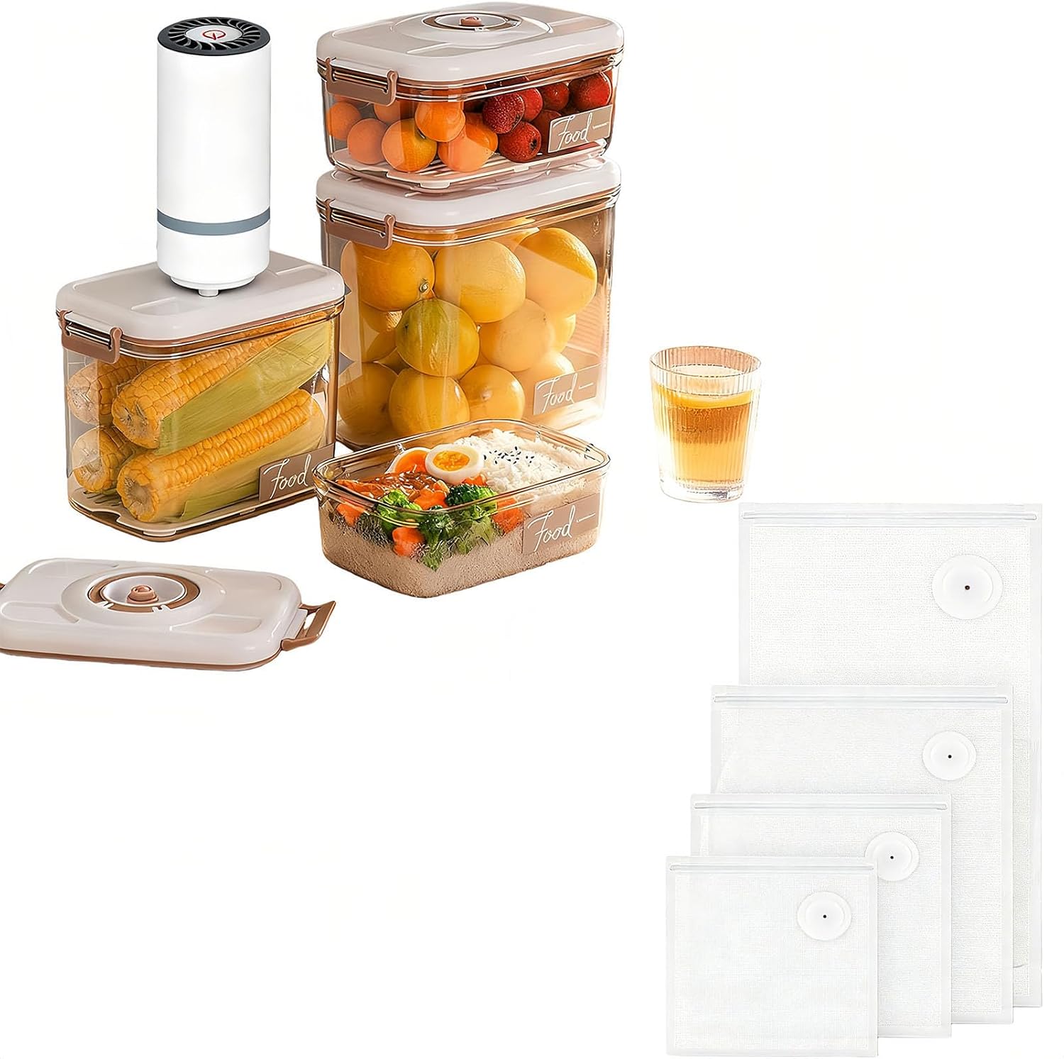 Vacuum Container,Vacuum Seal Containers,4pcs Airtight Food Storage Containers with Lids,4pcs Food Vacuum Bags/ 1pc Automatic Pump, Marinade and Keep Food Fresh with Time Dial, BPA Free(Square)