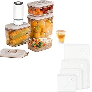 Vacuum Container,Vacuum Seal Containers,4pcs Airtight Food Storage Containers with Lids,4pcs Food Vacuum Bags/ 1pc Automatic Pump, Marinade and Keep Food Fresh with Time Dial, BPA Free(Square)