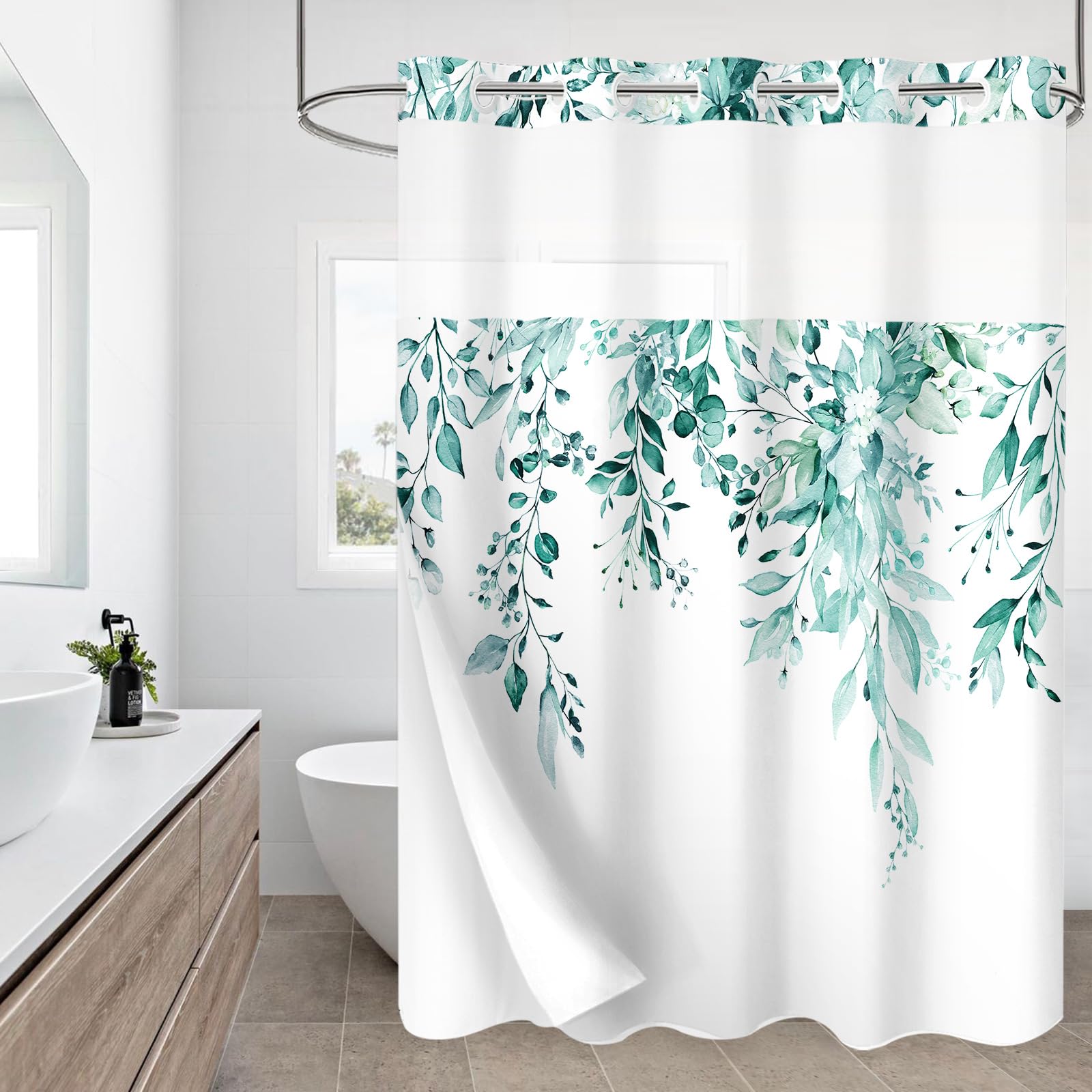 Gibelle Teal Eucalyptus No Hook Shower Curtain with Liner, 72x74