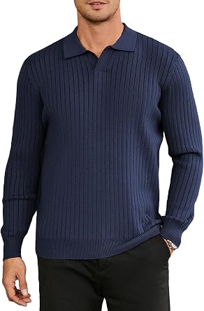 Hardaddy Mens Ribbed Knit Sweater Casual Long Sleeve Polo Sweater Collared V Neck Polo Shirts Solid Pullover Tops