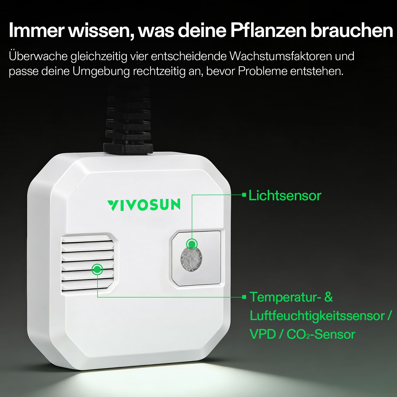 VIVOSUN 4-in-1 Sensor für Temperatur, Luftfeuchtigkeit, CO2 und Licht | VPD Monitoring, hohe Genauigkeit, kompatibel mit GrowHub E42A+ für Growzelt & Indoor Pflanzen