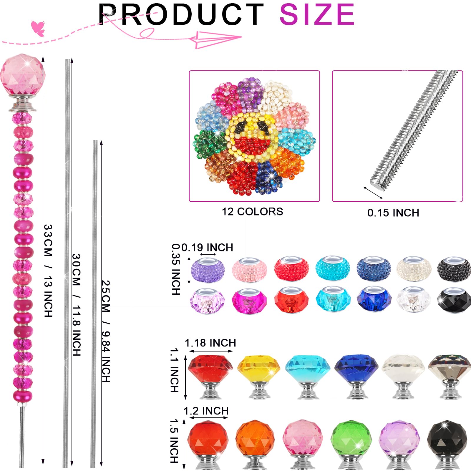 300 Stück Gartenstecker DIY Feenstab Gartenstecker Kit, Bunte große Lochperle, Kristall-Diamant-Stopper, 12 Edelstahl-Gewindestangen, Perlenfeenstäbe, Zubehör für den Außenbereich, Perlendekoration,