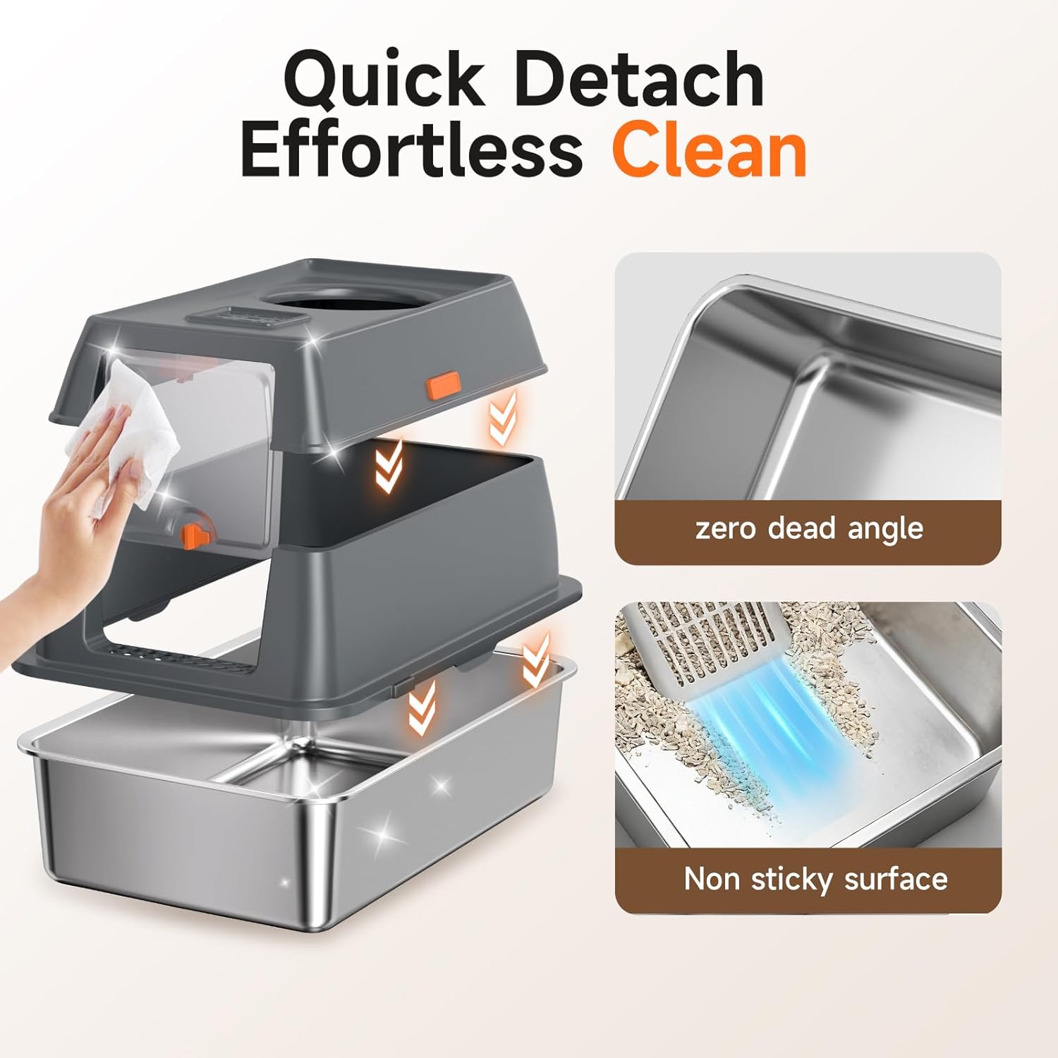 Extra Large Stainless Steel Litter Box with Lid, High Sided Enclosed Metal Cat Litter Pan, Dog Proof Front Entry Top Exit, Odor Control Easy Clean Leak Proof, Includes Mat, Scoop & Step, Grey