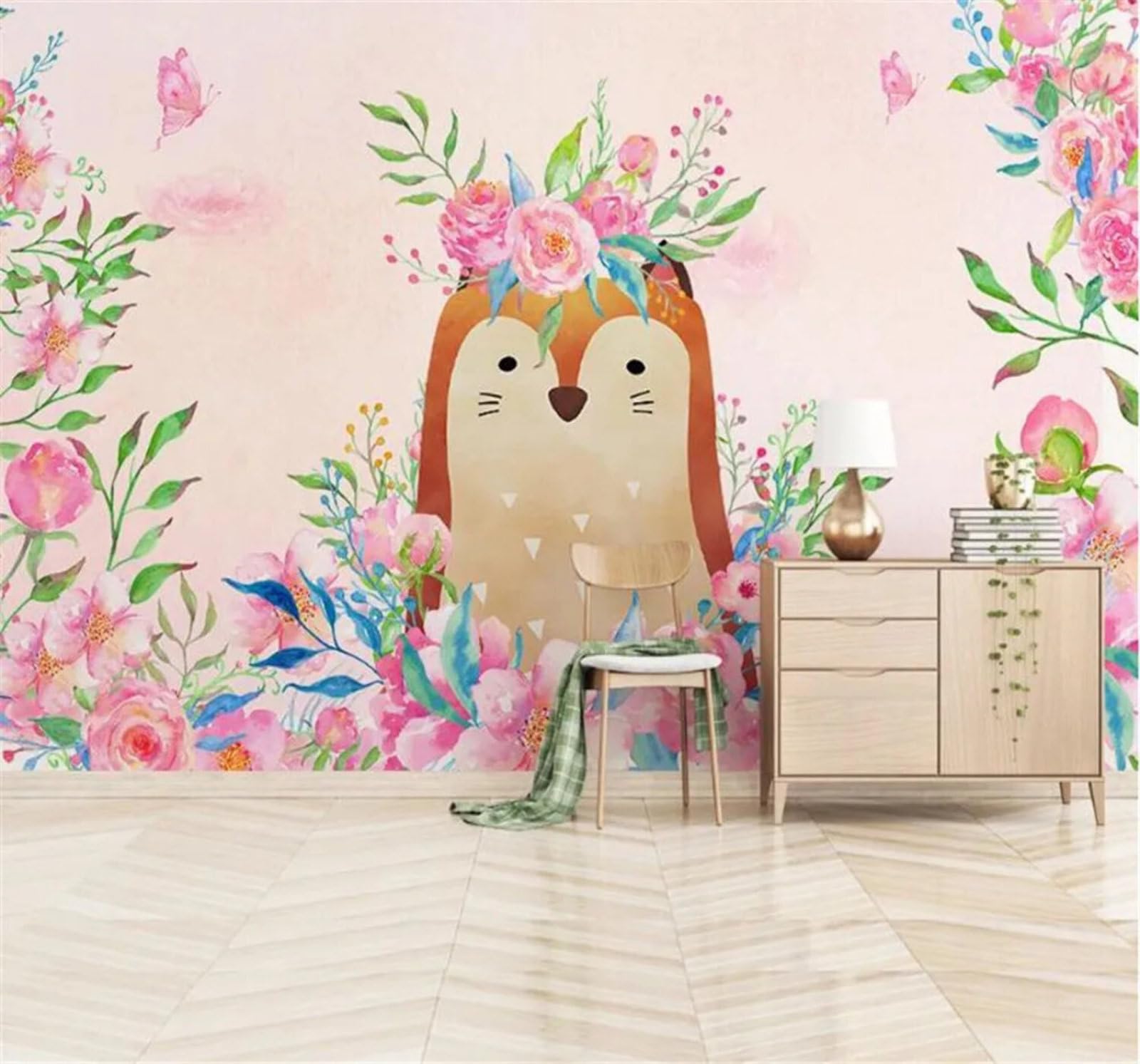 Tzxztt Minimalist Fresh Aesthetic Little Fox Floral Modern 3D Wallpaper Premium Textured Silk Neutral Tones Material Ideal for Living Room Bedroom-250cm×170cm