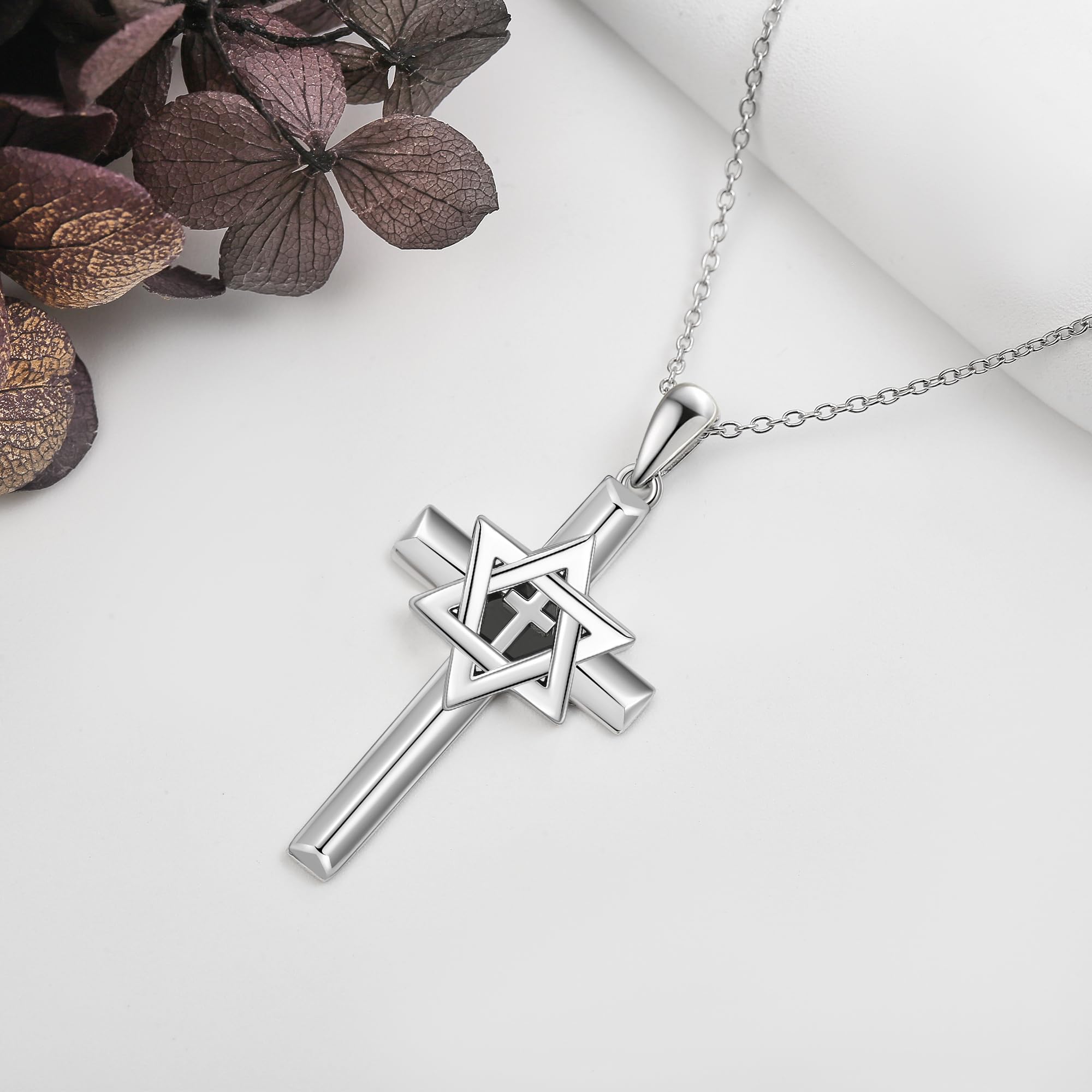 YAFEINI Collier en argent sterling avec pendentif en forme de croix et étoile de David - Bijou religieux judéo pour homme et femme, Argent