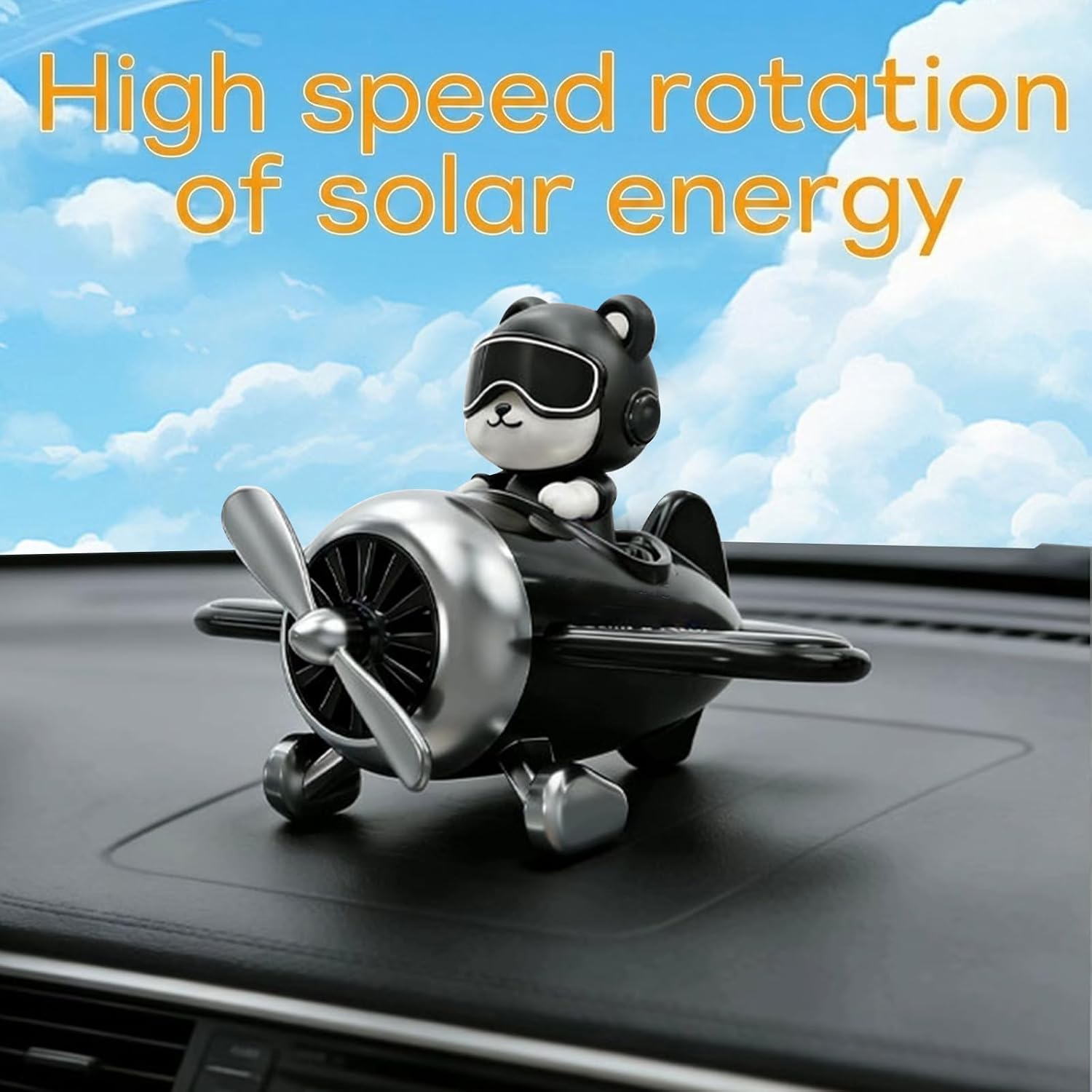 2Pcs Solar-Powered Car Air Fresheners, Cute Pilot Dashboard Perfume Diffuser with Spinning Propeller, Car Dashboard Accessory with 4 Fragrance Tablets (Bear+Bear)