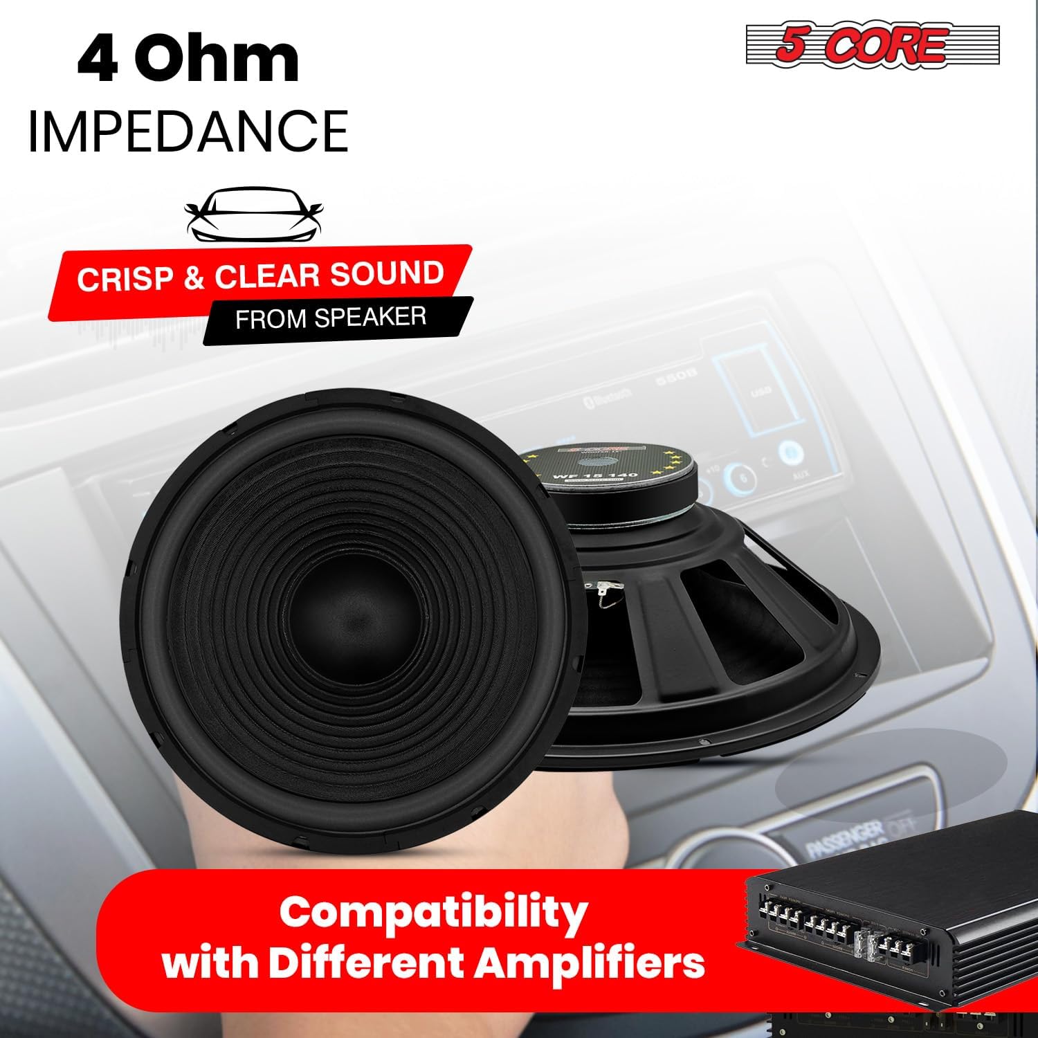 5 CORE Car Subwoofer 15 Inch 450W High Powered Vehicle Component Pro Audio Speaker System 4 Ohm 40 Oz Magnet w/High-Temperature CCAW Voice Coil - WF 15 140 4OHM 6 71dCGgiUvSL. AC SL1500