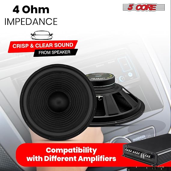 5 CORE Car Subwoofer Pair 15 450W Loud Vehicle Component Audio Speaker 4 Ohm Impedance 40 Oz Y30 Magnet Deep Bass Response 2 Copper Voice Coil WF 15 140 4OHM 2PCS