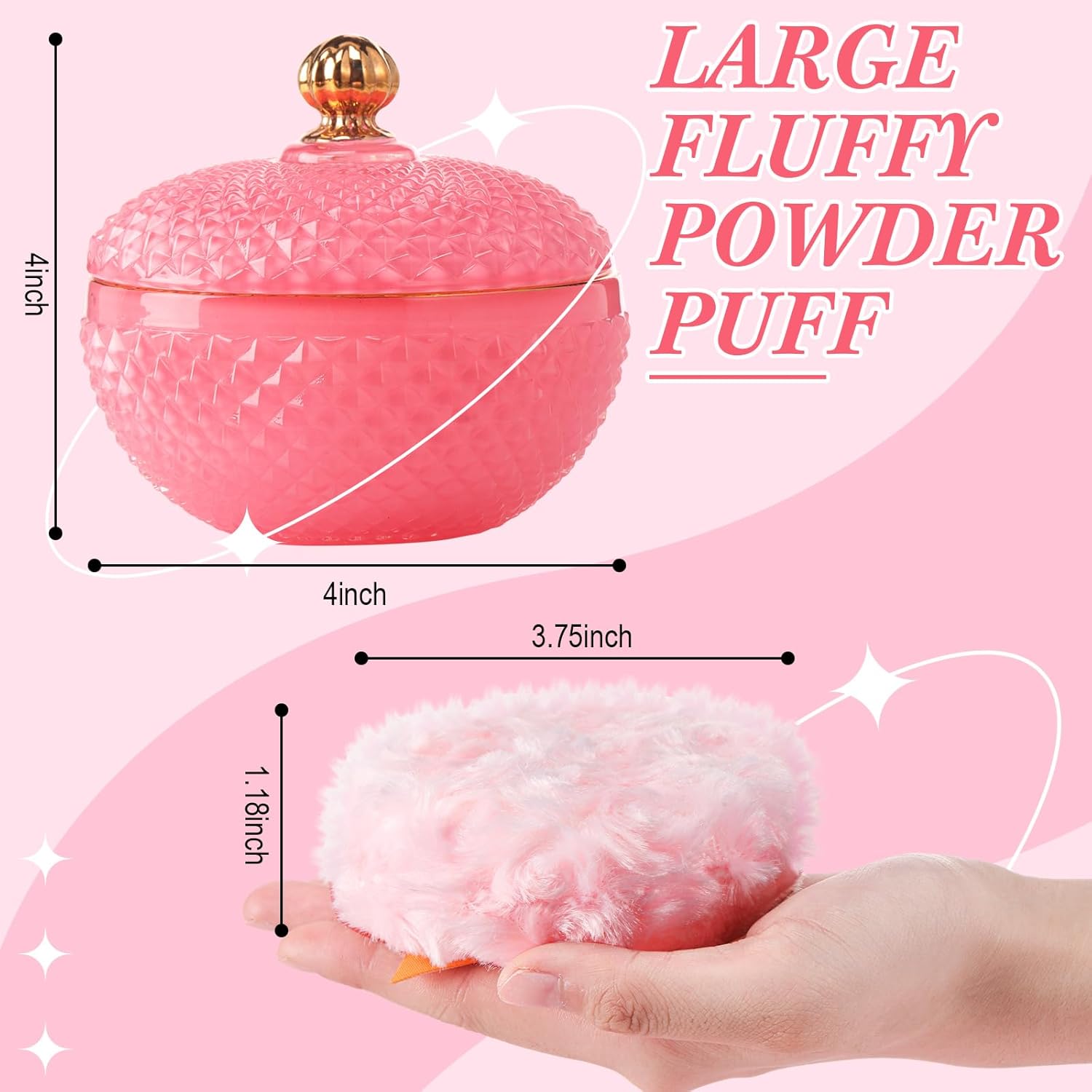 4 Pcs Pink Large Body Powder Puff and Container for Body with Crystal Container Fluffy Soft Washable Face Glitter Powder Puff Puffs for Wet Dry - Image 3