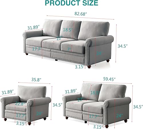 Miniatura 15 de Lestar Sofá de tela de 3 plazas, sofás tapizados modernos de 3 plazas con clavos y reposabrazos (beige) Beige,Gris