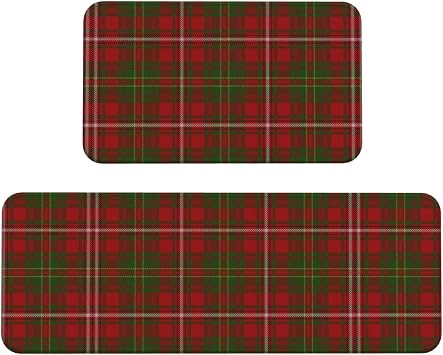 Kitchen Mats for Floor 2 Piece Set, Scottish Clan Hay Red Green Tartan Kitchen Rugs, Cushioned Kitchen Mat for Standing Washable Comfort Desk Kitchen Runners