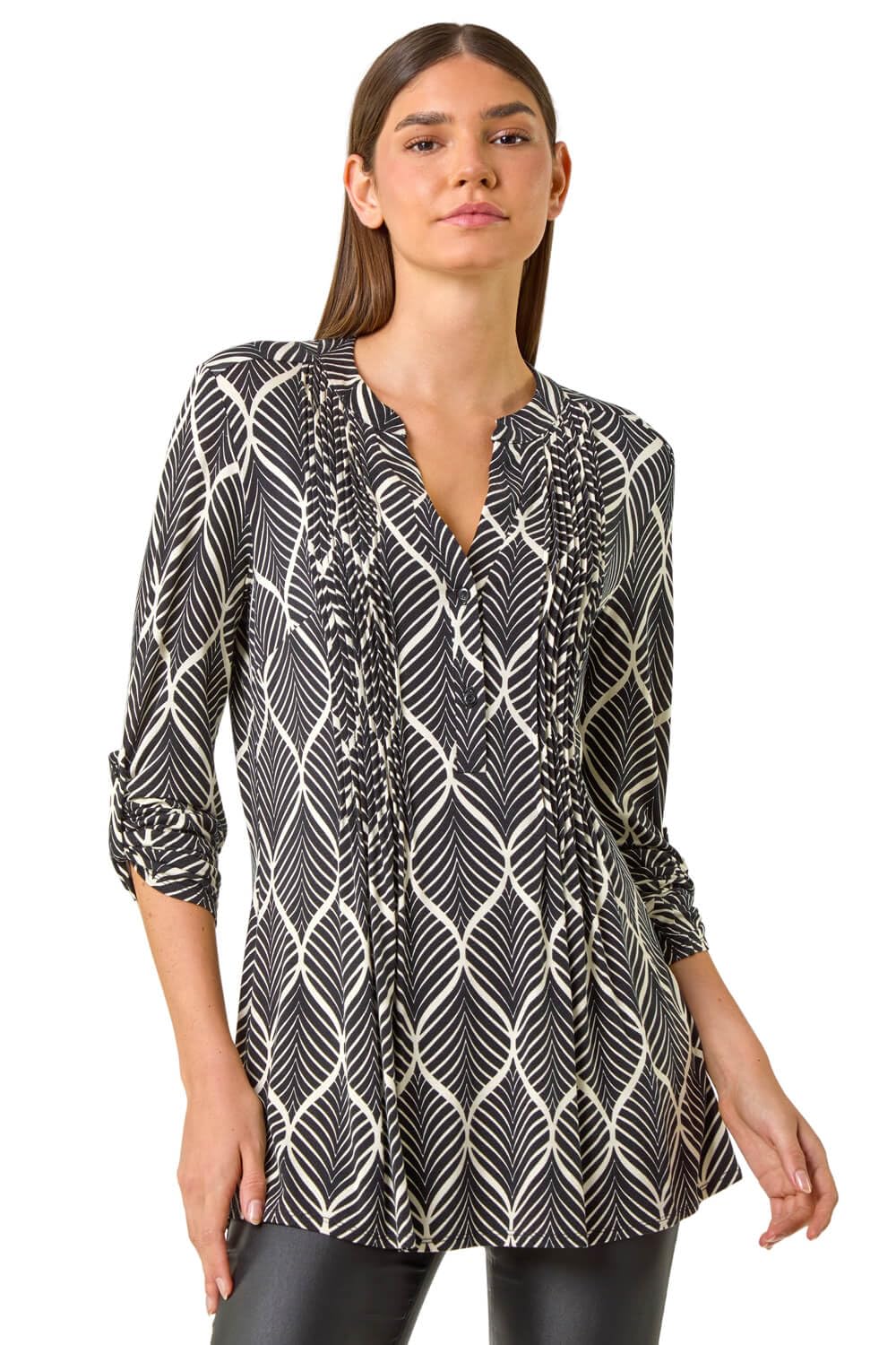 Roman Originals Women's Ivory Pintuck Shirt For Jersey Blouse Collarless Top Flare Crinkle Notch Neck Tunic 3/4 Length Sleeve Longline Smart Casual Party Going Out - Size 10