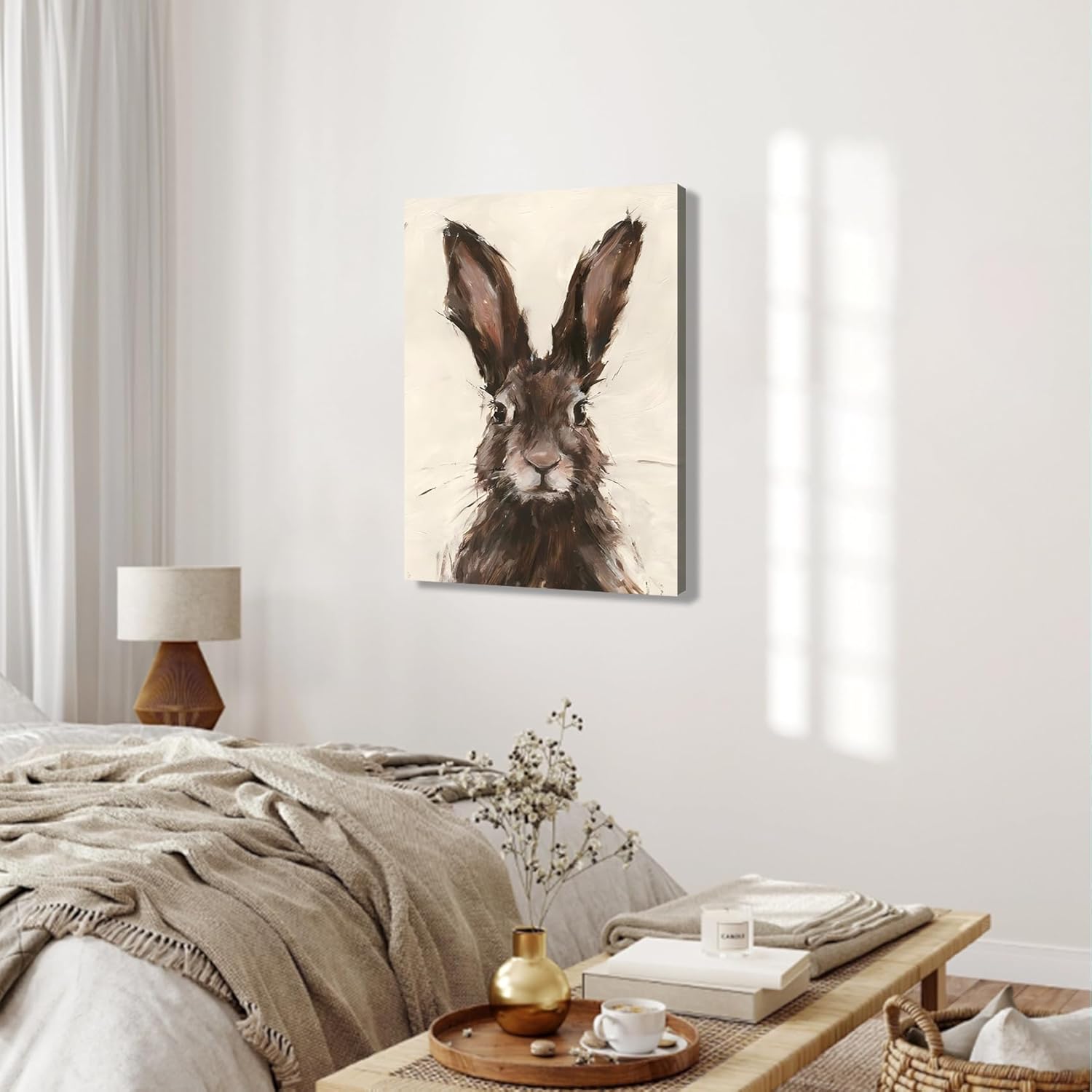 FLZYKGPA Painting Prints Brown Rabbit Canvas Wall Art - Neutral Tone Brushstroke Bunny Portrait, Modern Rustic Decor for Living Room Gallery Kitchen, High Definition Print Ready to Hang Artwork