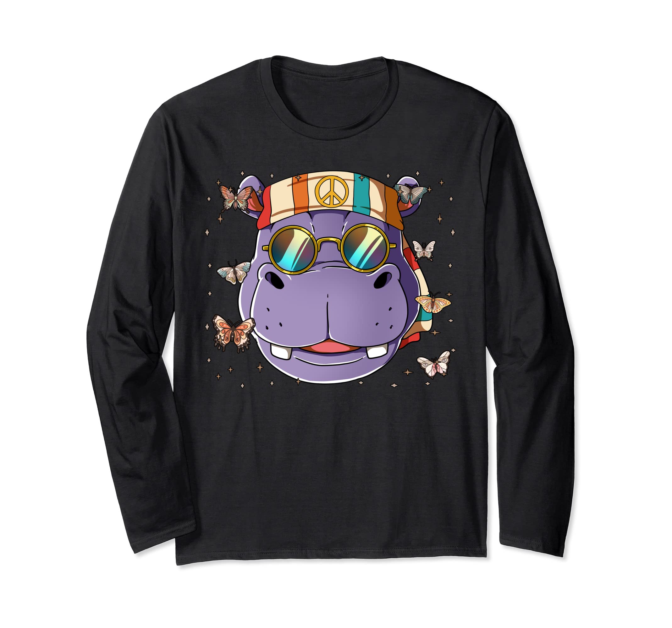 60s 70s Costume Groovy Hippie Hippo Long Sleeve T-Shirt