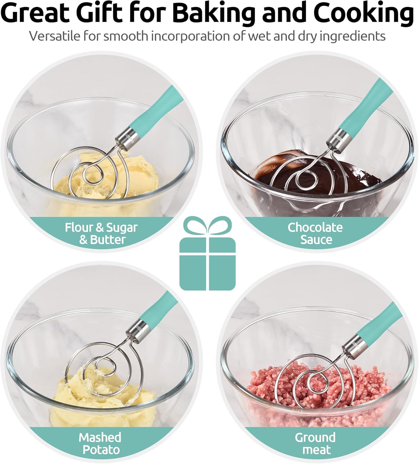 U-Taste 12.6in Danish Dough Whisk: 18/8 Stainless Steel Heavy-Duty Sourdough Mixer Tool, Food Grade Dutch Style Seamless Bread Wisk, Sturdy for Mixing, Stirring, Kneading Thick Batter (Aqua Sky) - Image 9