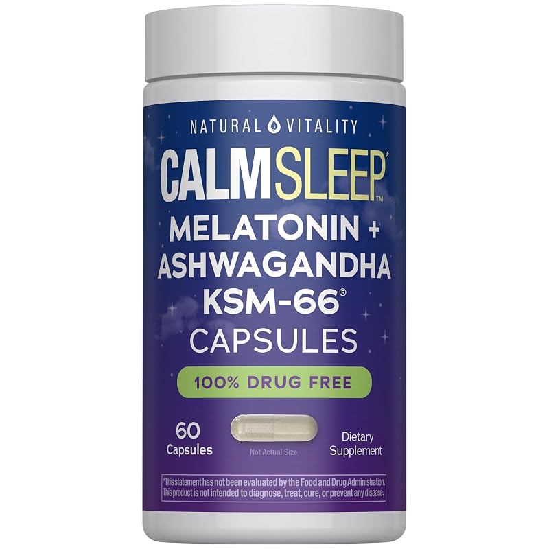 Natural Vitality Suplemento para o Sono com Melatonina 5 mg e Ashwagandha KSM-66 600 mg, 60 cápsulas
