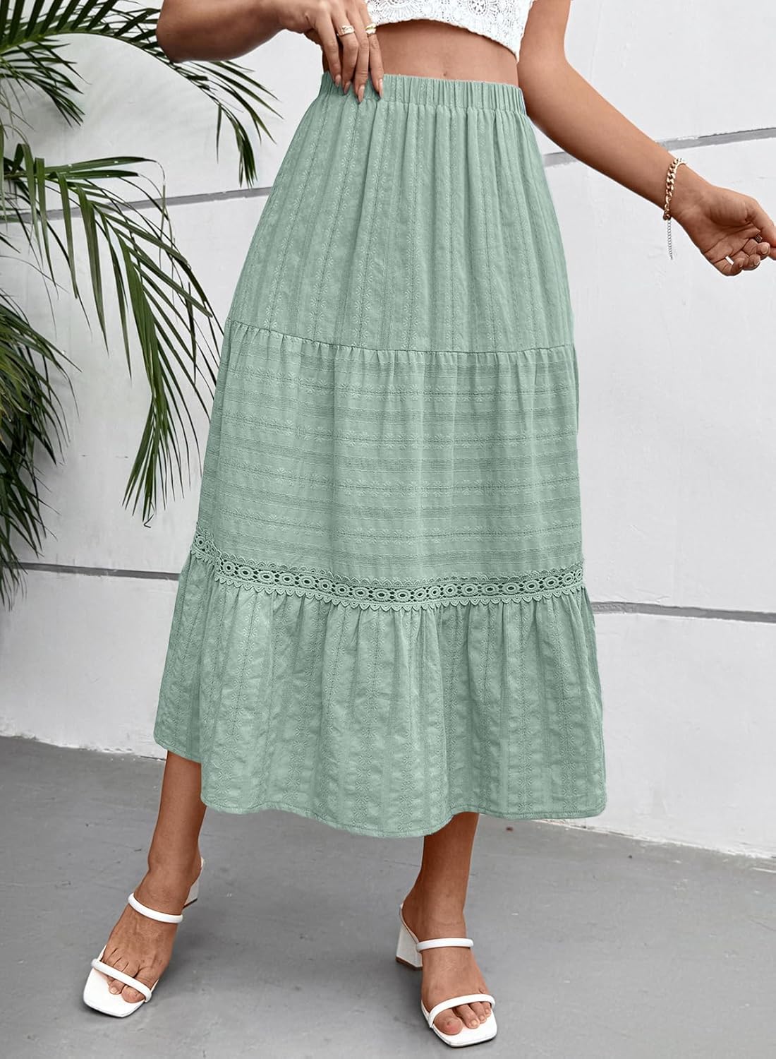 BLENCOT Long Skirts for Women Boho Crochet Lace High Waisted A-Line Cotton Tiered Maxi Skirt - Image 8