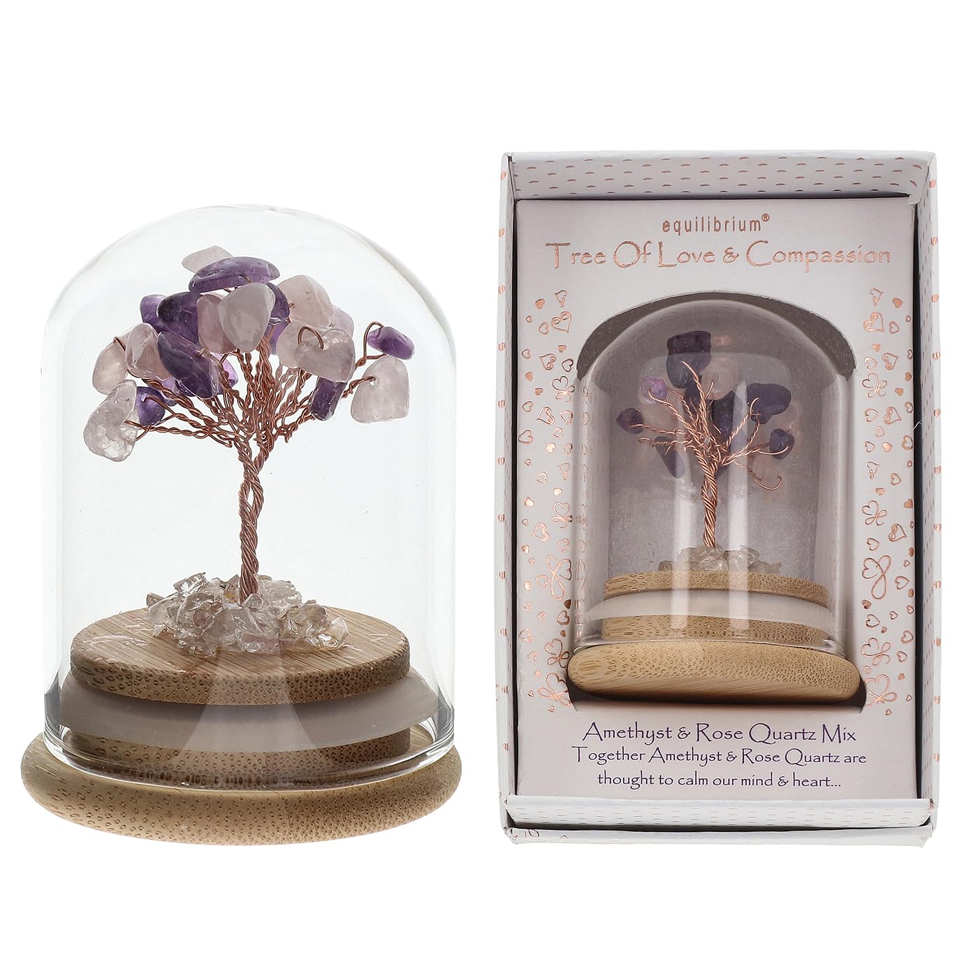 Equilibrium Amethyst Rose Quartz Chakra Tree In Glass Dome Crystal Gemstone Bonsai Tree With Wooden Base Mixed 7 Chakras Rose Quartz Amethyst Citrine Aventurine Lapis Lazuli Strawberry Quartz (Amethyst Rose Quartz)