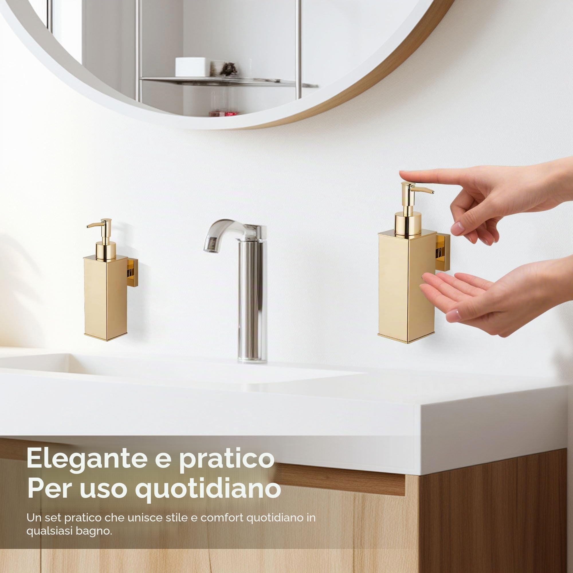 BGL Dispenser di sapone da parete in acciaio inox 304, dispenser per sapone liquido per bagno e cucina, confezione da 2, colore: oro