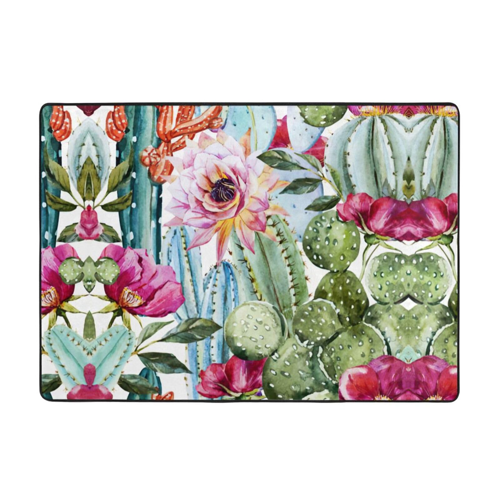 Grand tapis en flanelle motif cactus et roses succulentes 203x148