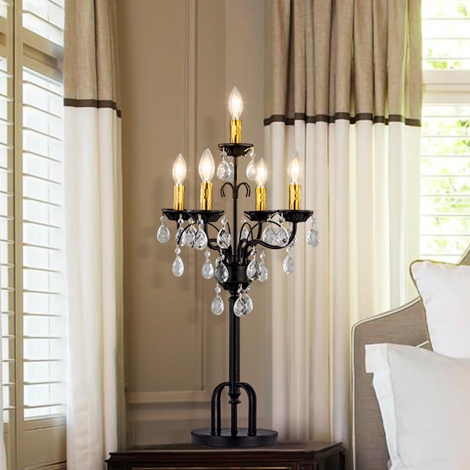 TOCHIC Black Gold Crystal Table Lamp, 5-Light Modern Bedside Lamp