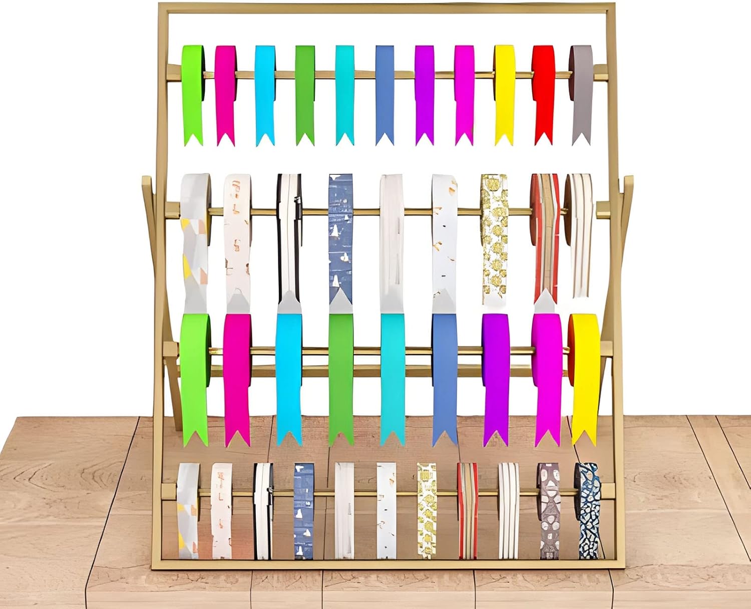 Katzowen 4-Tier Metal Silk Scarf/Towel Organizer Rack for Gift Store/Craft Room,Freestanding Ribbon Display Stand with Removable Cross Bar, 58cm Tall(Black)