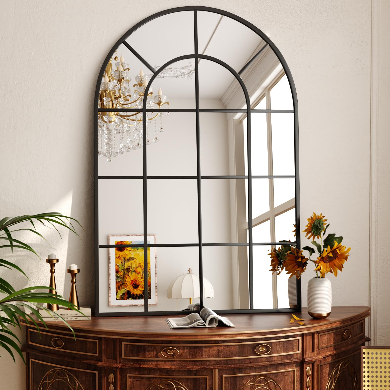 Koonmi 75x50cm, Arched Wall Mirror, Bathroom Mirror with Grid, Tempered Glass Explosion-Proof Decorative Mirror, Suitable for Window Decoration, Bedroom, Entryway and Various Styles, Black