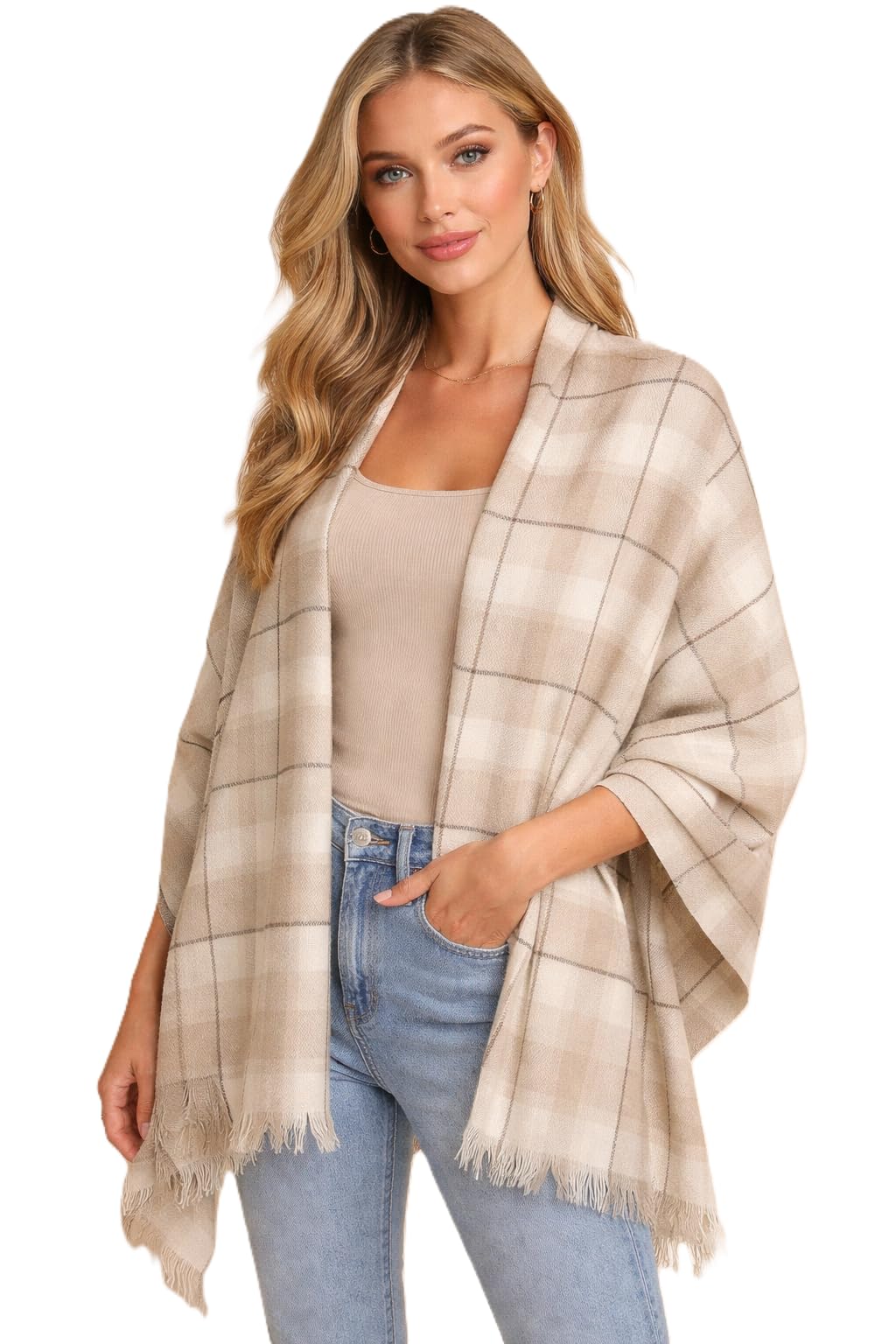 Women's Winter Plaid Shawl Wrap with Fringe, Beige Oversized Scarf Cape for Cold Weather-image-24