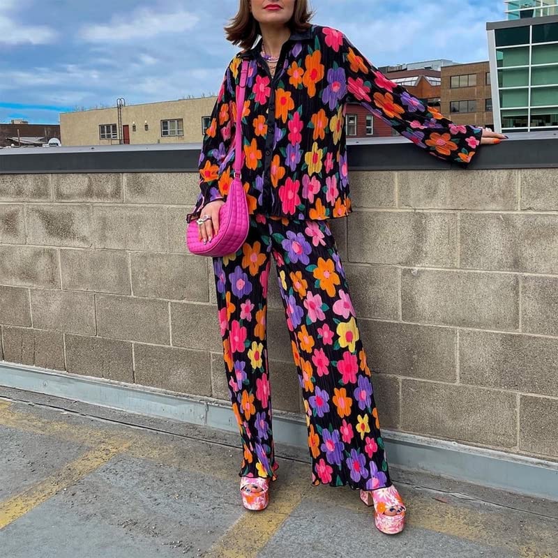 NUFIWI Women Pleated Two Piece Pants Set Print Long Sleeve Button Down Shirt and Pants Oversized Fashion TIK Tok Suit Set4