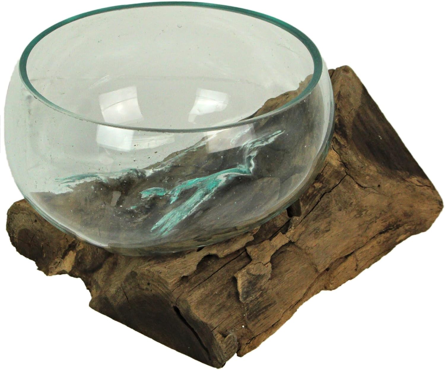 Wide Mouth Molten Glass on Teak Driftwood Decorative Sculptural Bowl, Vase, and Terrarium Planter - Approximately 6 Inches High