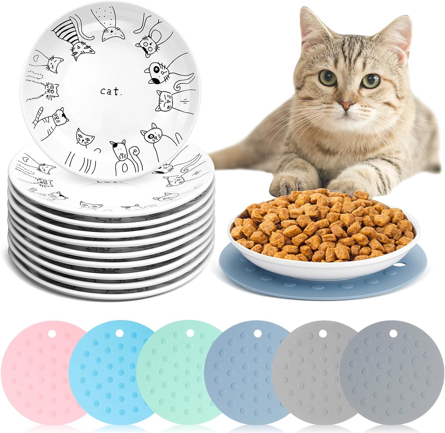 6 Pcs Beard Fatigue Cat Bowl with 6 Pcs Silicone Anti Slip Mat, Ceramic Cat Eating Plate, Cats Wet Food Bowl, Shallow Cats Food Dish for Feeding Kitten Small Pet Water, 6 Inch (Classic Style)