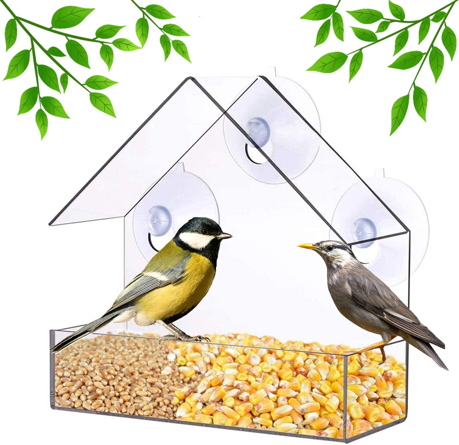 Window Bird Feeder With Strong Suction Cups, Plastic Wild Seed and Peanut Nut Feeder, Roof Shape House for Small Birds