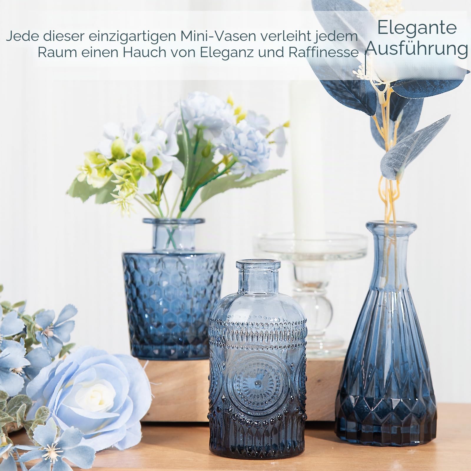 TBWIND 12-teiliges Glasvasen-Set, kleine Vasen für Blumen, blaue Knospenvase für Tafelaufsätze in Großpackung, Mini-Vintage-Vase für rustikale Hochzeitsdekorationen, Büro und Zuhause, Tischdekoration,