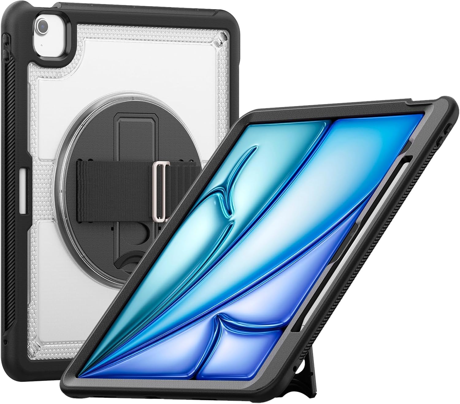 Batianda Case for iPad Air 13-inch 2025 M3 2024 M2 Chip Multilayered Rugged Durable Shockproof Tablet Cover with 360° Rotating Hand Strap Foldable Hidden Stand, Transparent